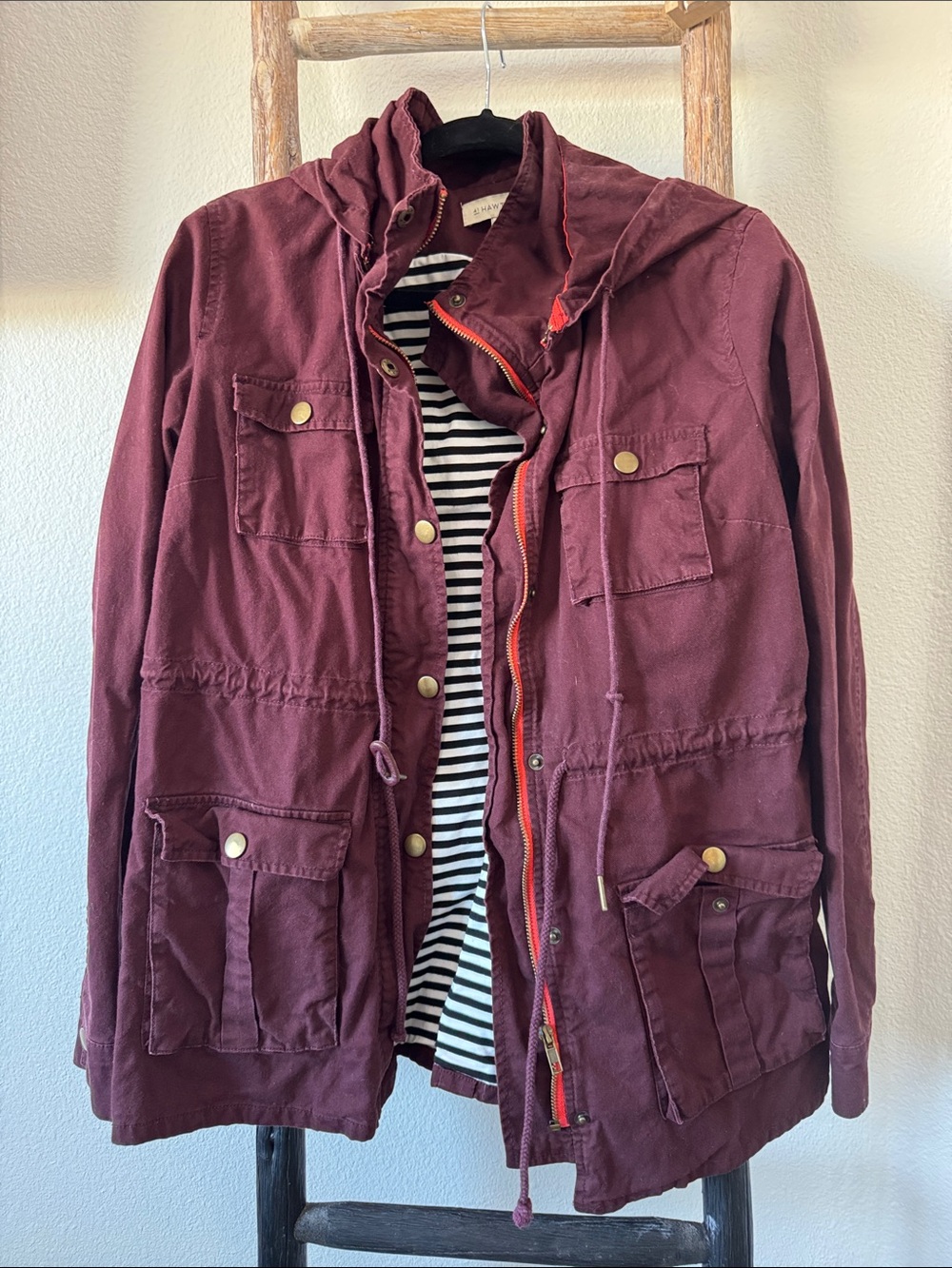 Burgundy Utility Jacket with Removable Hood